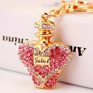 Gold and Pink Crystal Heart Perfume Bottle Bag Purse Backpack Charm Keychain